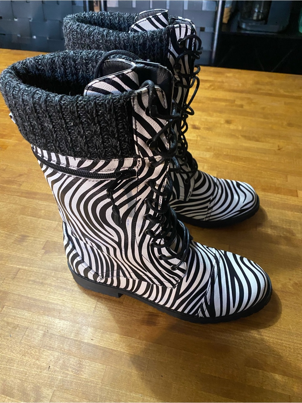 Zebra-Print Lace-Up Knit Cuff Women's Boots - Black & White